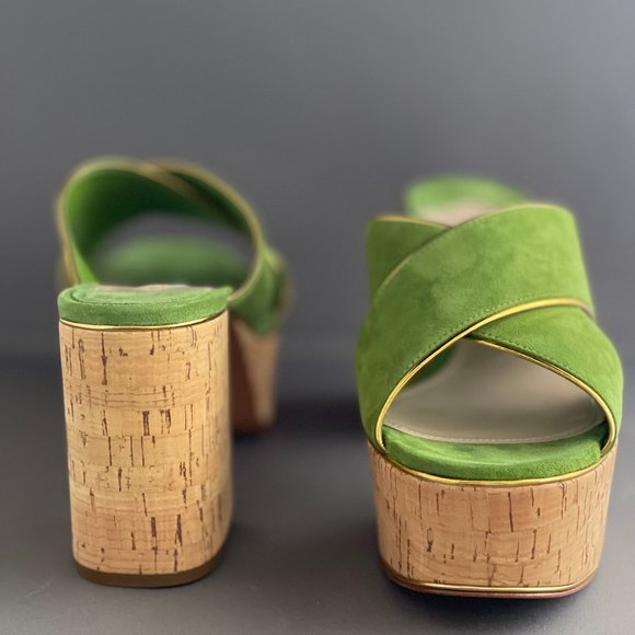 Prada Green Suede X-Band Platform Slides with Gold Piping